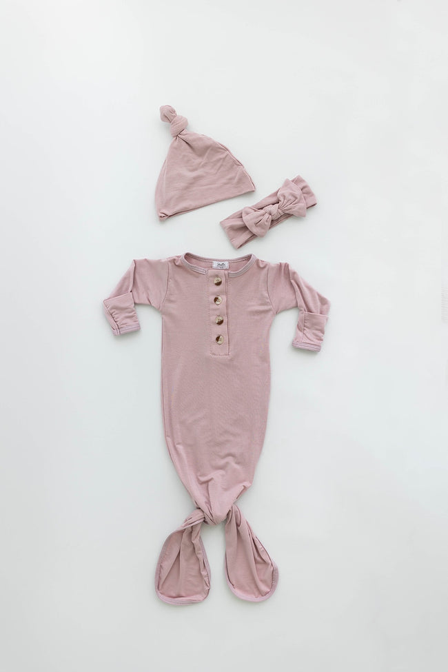 Knotted Baby Gown, Hat & Headband Set - Dusty Rose