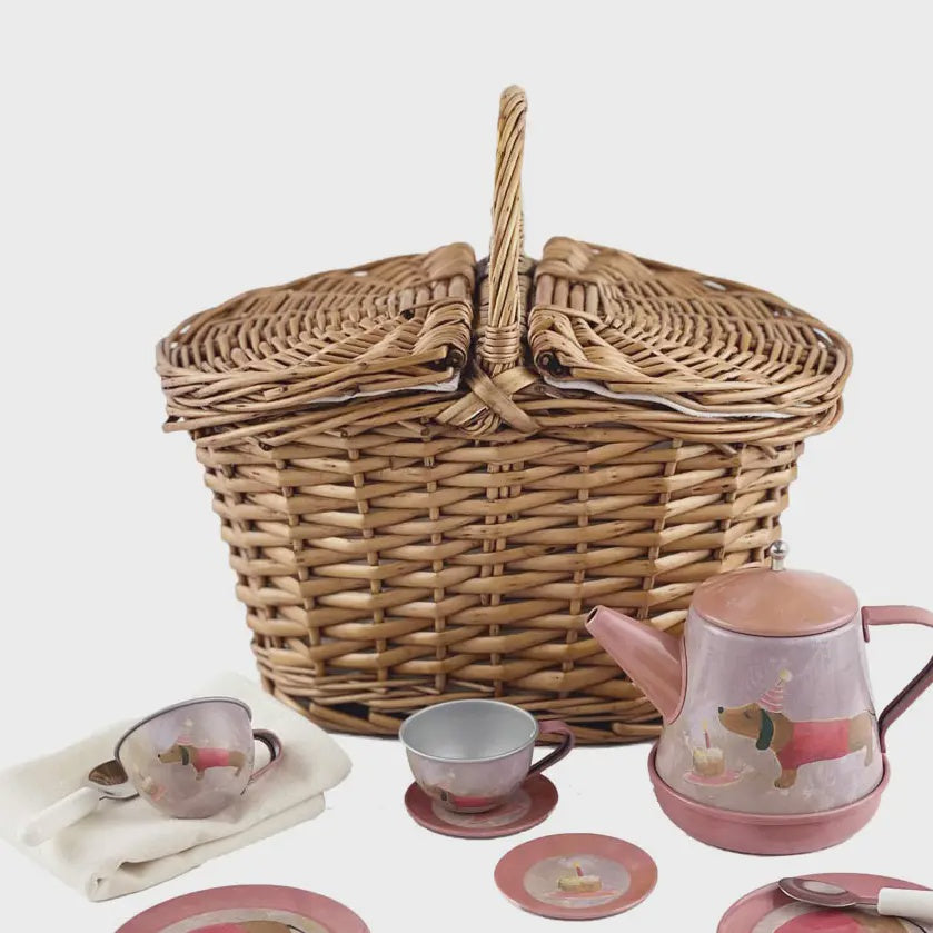 Musical Dog Tin Tea Set in A Basket