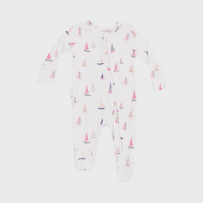 Sailboats Pink 2 Way Zipper Ruffle Back Footie