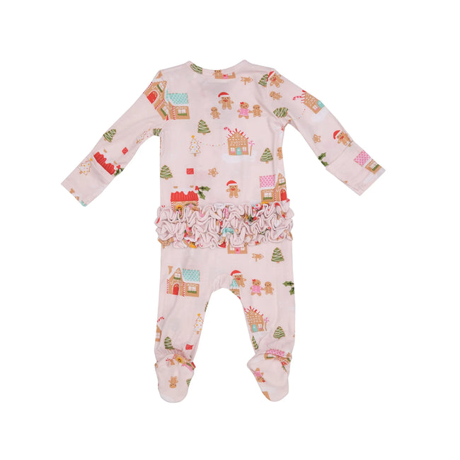 2 Way Ruffle Back Footie - Gingerbread Village - Pink