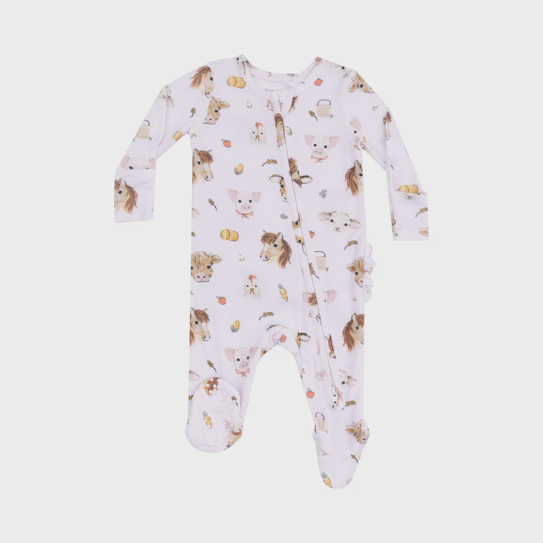 Vintage Animal Faces Pink 2-Way Ruffle Zipper Footie