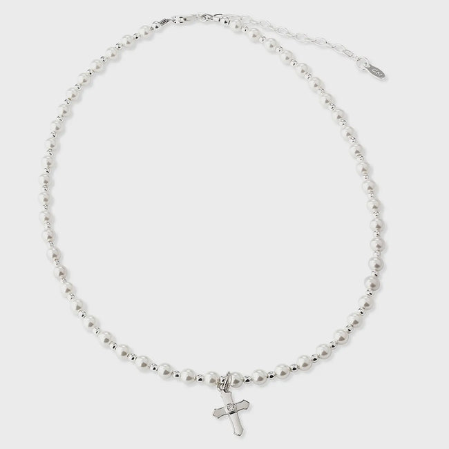 Kaitlyn Sterling & Pearl Cross Necklace