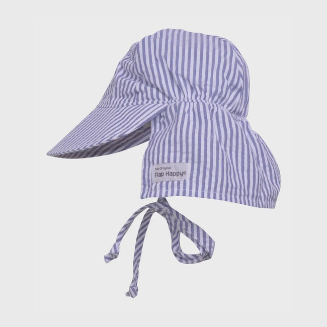 Flap Hat with Ties- Chambray Stripe