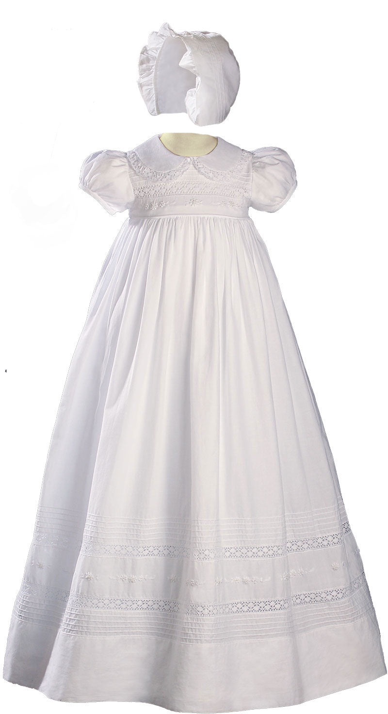 White Cotton Short Sleeve Christening Gown with Hand Embroidery