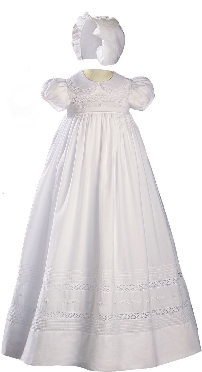 White Cotton Short Sleeve Christening Gown with Hand Embroidery