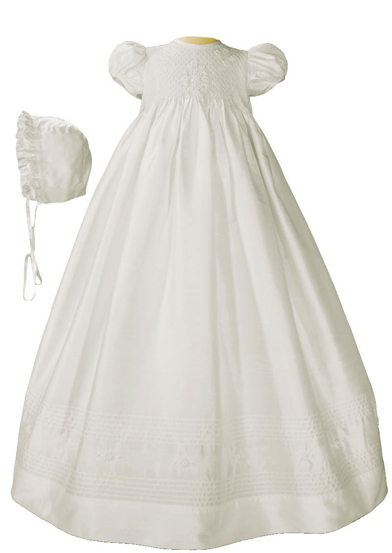 White Silk Gown with Smocked Bodice
