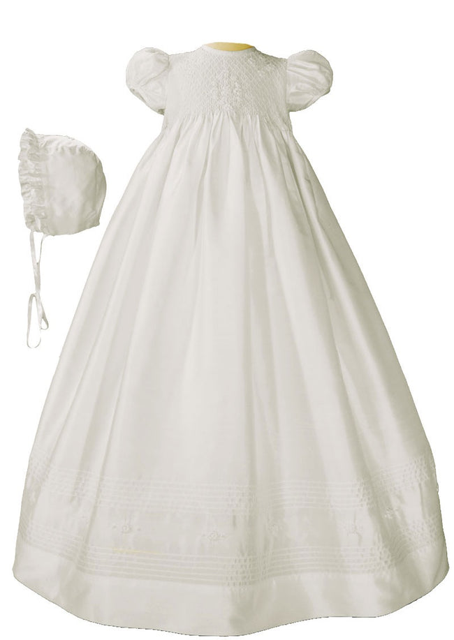 White Silk Gown with Smocked Bodice
