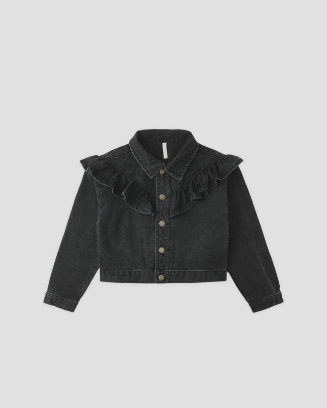 Ruffle Denim Jacket - Washed Black