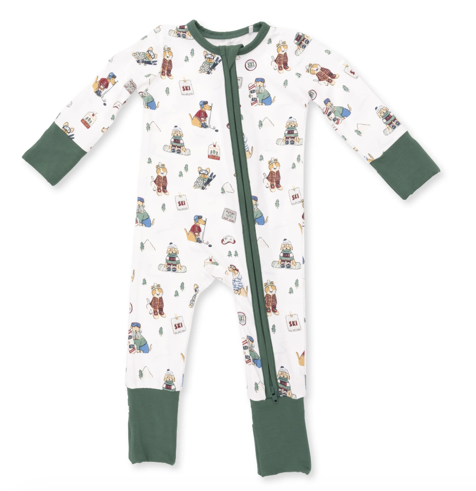 Convertible Romper-Winter Sports Dogs Green