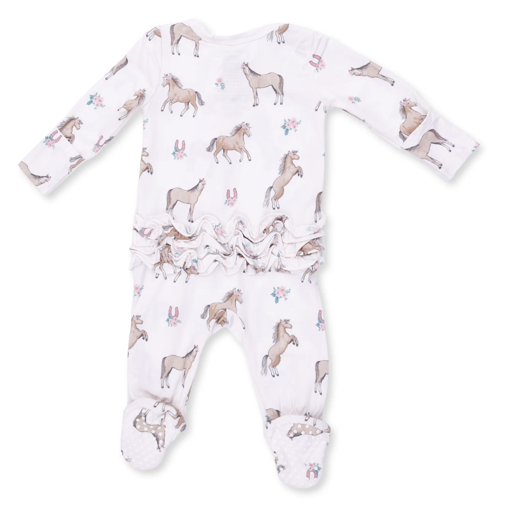 2 Way Ruffle Back Zipper Footie-l Love Horses