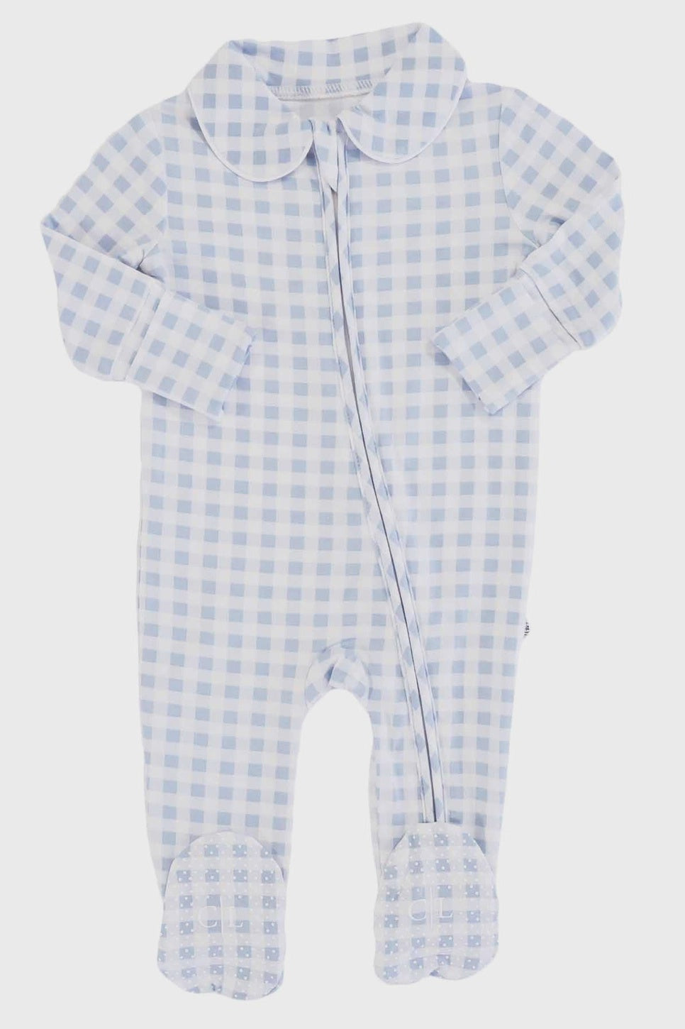Peter Pan Collar Zipper Footie-Dusty Blue Gingham
