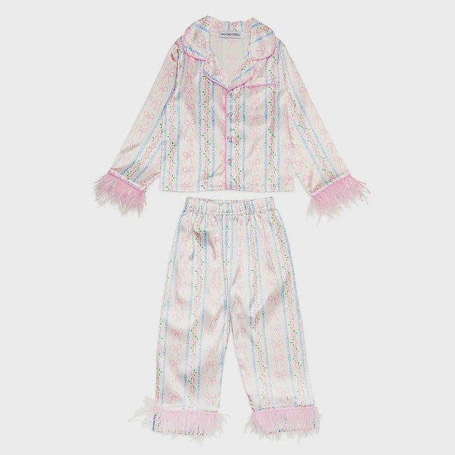 Feather Trim Pajama Silk Set
