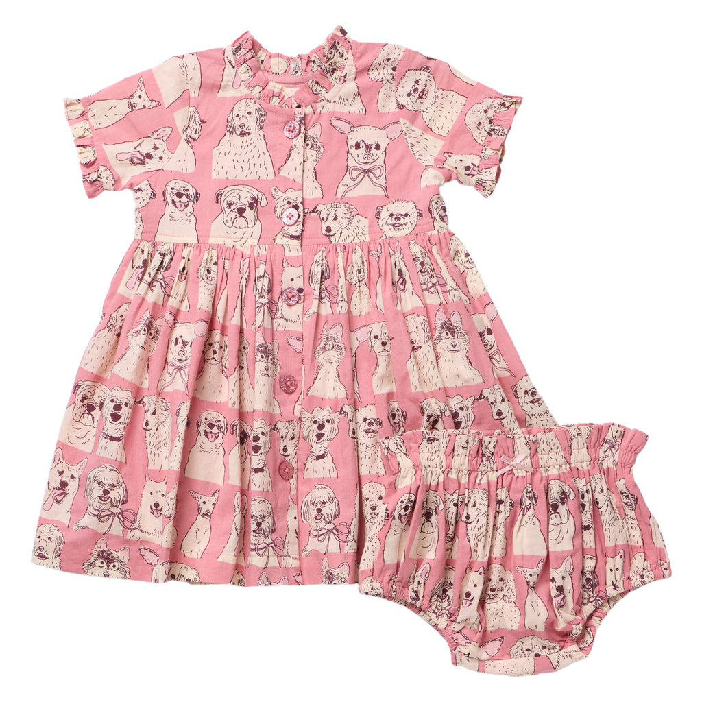 Baby Girls Autumn Dress Set - Pink Sketched Dogs
