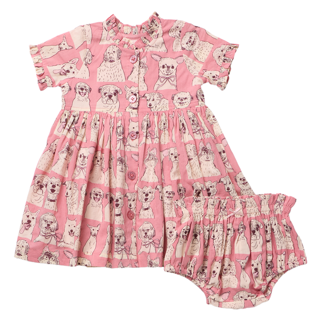 Baby Girls Autumn Dress Set - Pink Sketched Dogs
