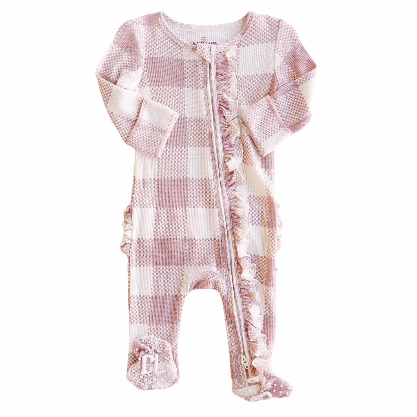 Check Bamboo Waffle Ruffle Footie- Rosy