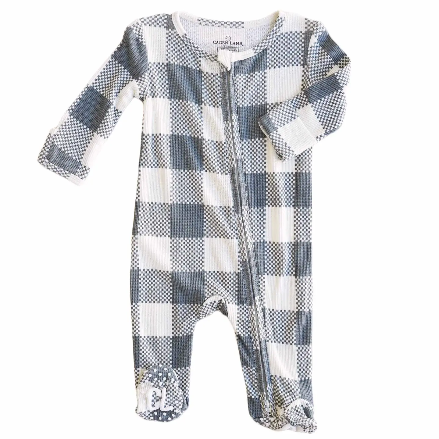 Check Bamboo Waffle Zipper Footie- Denim
