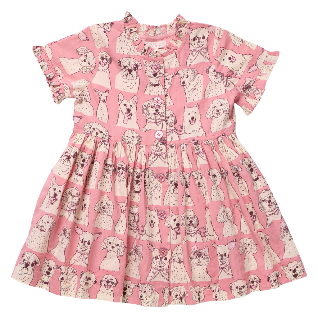 Girls Autumn Dress - Pink Sketched Dogs