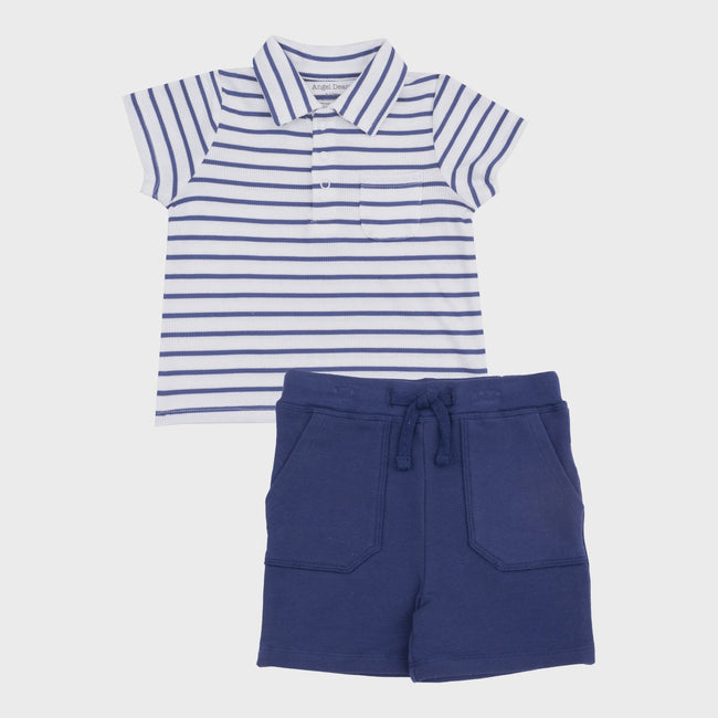 Navy Stripe Polo & French Terry Short Set