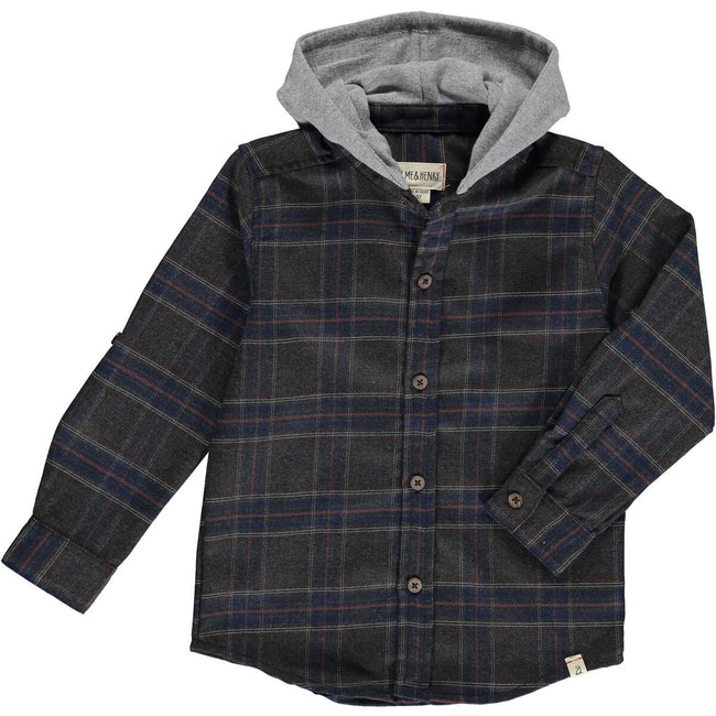 Erin Hooded Woven Shirt - Charcoal/Blue Plaid