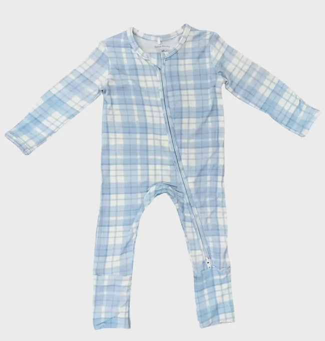 Baby Blue Plaid Zip Footie