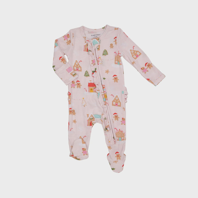 2 Way Ruffle Back Footie - Gingerbread Village - Pink