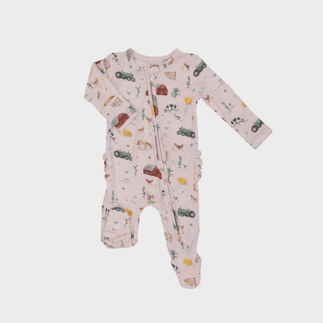 2 Way Ruffle Zipper Footie - Big Red Barn Pink