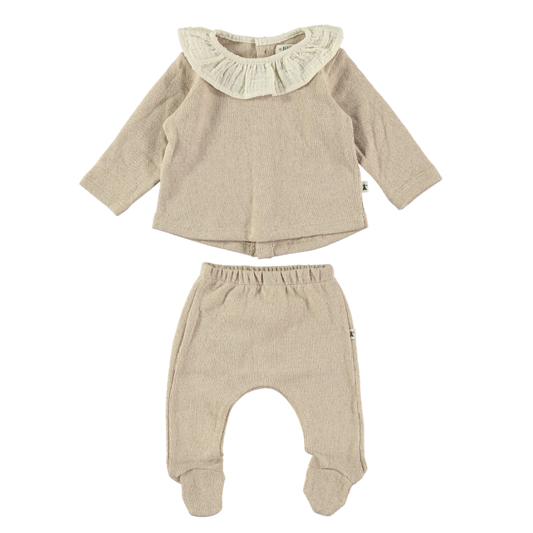 Ruffle Top & Footed Pant Set - Beige