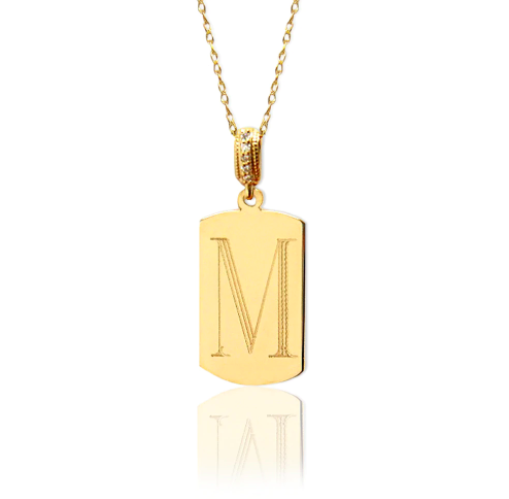 14K Gold Block Initial Dogtag With Diamond Bale