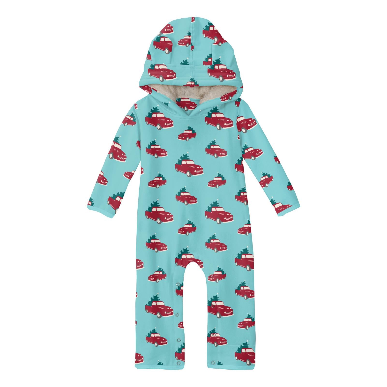 Print Fleece Coverall with Sherpa-Lined Hood and Ears in Iceberg Trucks and Trees