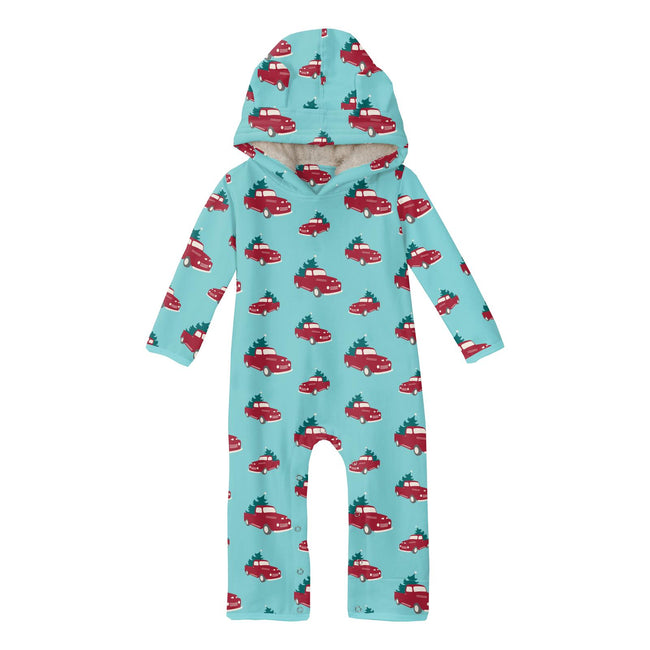 Print Fleece Coverall with Sherpa-Lined Hood and Ears in Iceberg Trucks and Trees