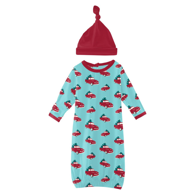 Print Layette Gown & Single Knot Hat Set in Iceberg Trucks and Trees