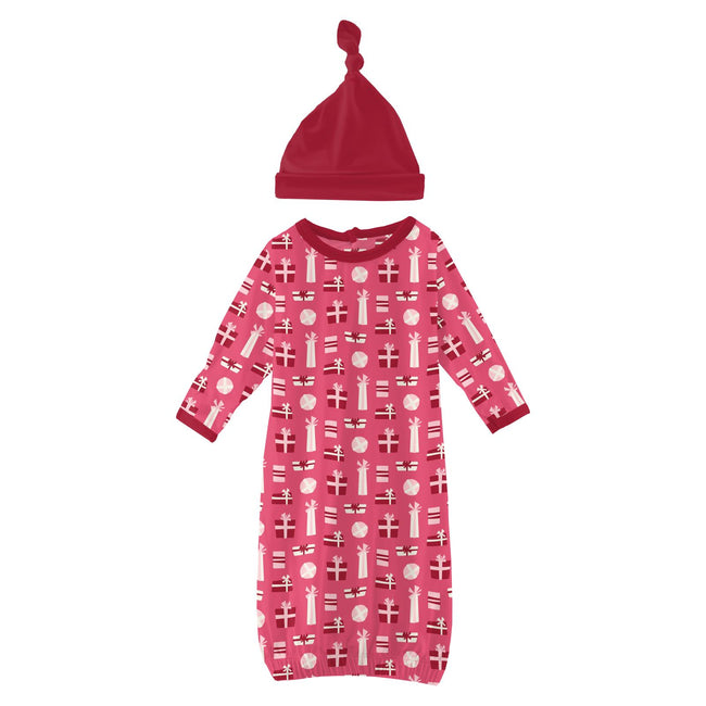 Print Layette Gown & Single Knot Hat Set in Winter Rose Presents