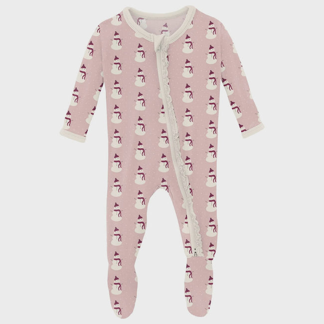 Muffin Ruffle Footie with 2 Way Zipper - Baby Rose Tiny Snowman