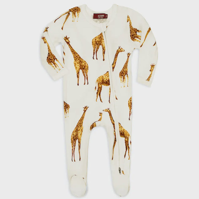 Bamboo Zipper Footed Romper - Orange Giraffe