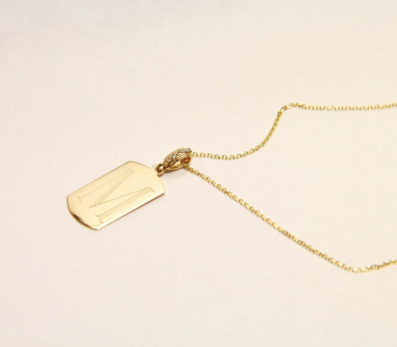 14K Gold Block Initial Dogtag With Diamond Bale