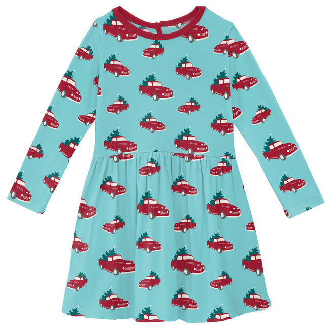 Print Long Sleeve Twirl Dress in Iceberg Trucks and Trees