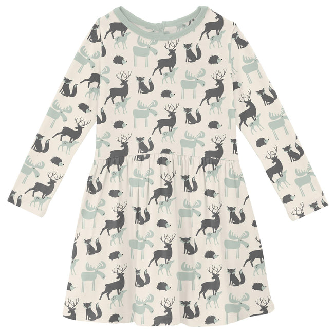 Print Long Sleeve Twirl Dress in Natural Forest Animals