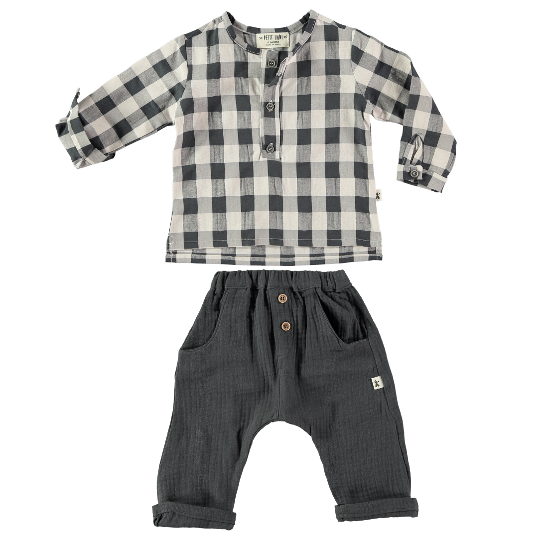 Check Henley & Pant Set - Navy