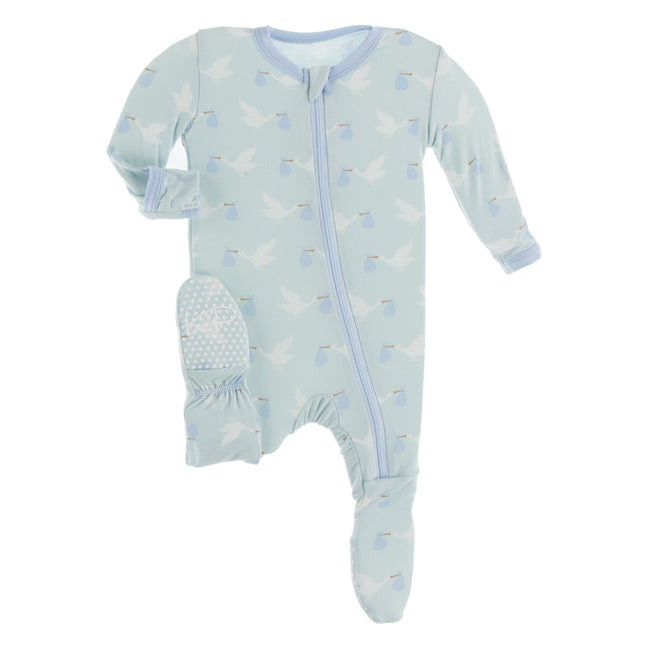 Print Footie with Zipper - Spring Sky Stork